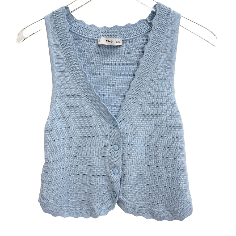 Mango MNG Vest Cardigan Size S Light Blue Scalloped Knit Button Front Coquette